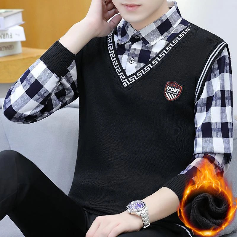 Autumn Winter Plaid Sweaters Polo Collar Pullover Slim Fit Man Clothes Plush Warm Jumpers Thick Fake 2 Piece Polo Shirts