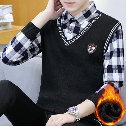 Autumn Winter Plaid Sweaters Polo Collar Pullover Slim Fit Man Clothes Plush Warm Jumpers Thick Fake 2 Piece Polo Shirts