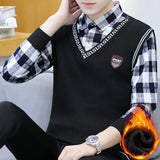 Autumn Winter Plaid Sweaters Polo Collar Pullover Slim Fit Man Clothes Plush Warm Jumpers Thick Fake 2 Piece Polo Shirts