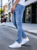 Slim Fit Jeans Men Sky Blue Fine Distressed Hole Design Jeans Versatile Mid Waist All Season Pants Urban Daily Matching Casual Long Trousers