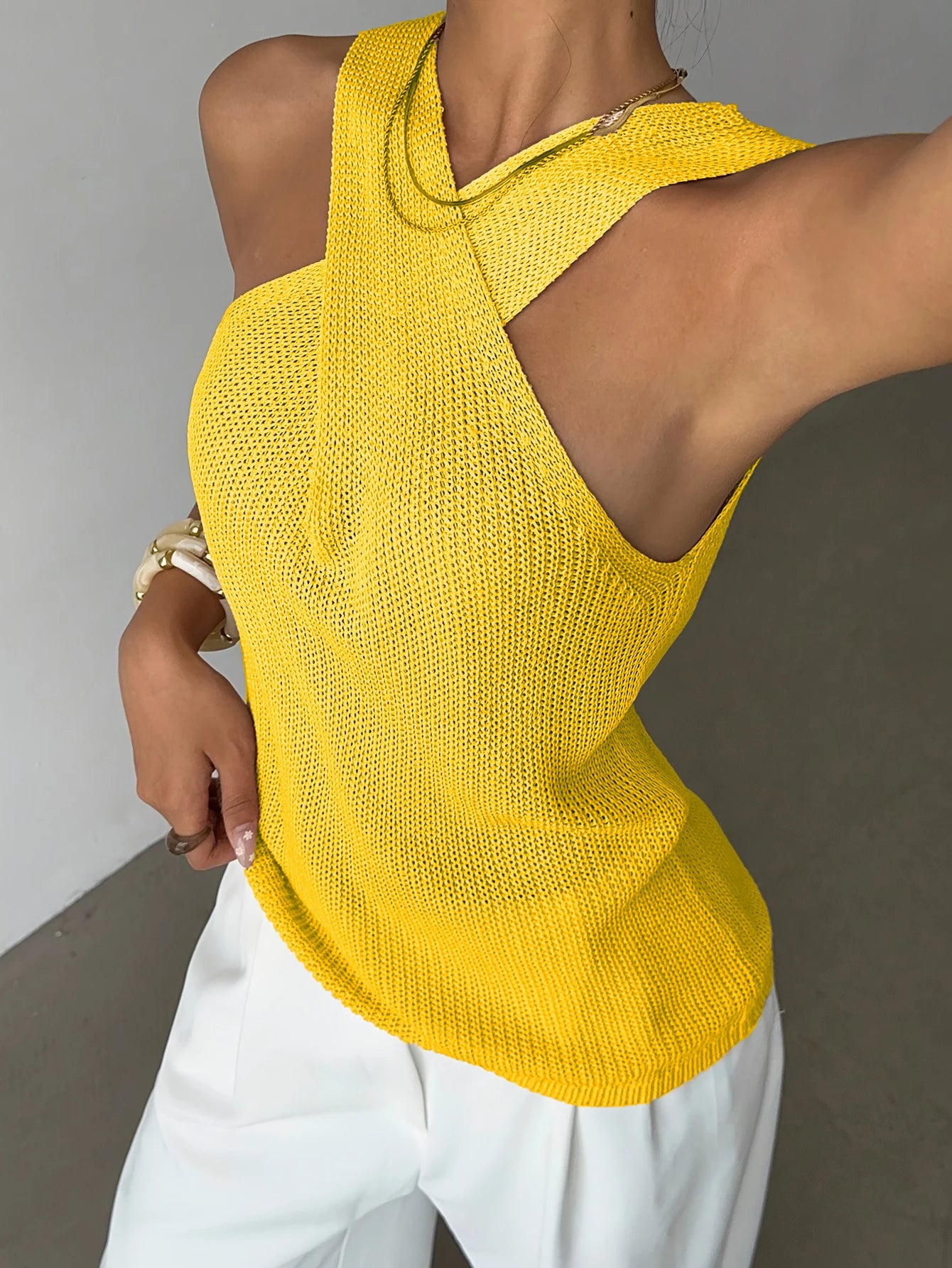 Women Crisscross Halter Knit Tank Top Hollow Out Sleeveless Slim Camisole Summer Elegant Casual Vest