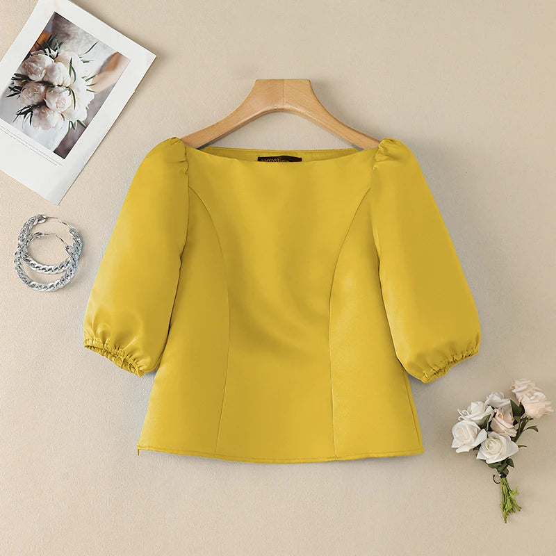 ZANZEA Elegant Princess Seams Satin Blouses Woman Boat Neck Puff Sleeves Solid Color Party Crop Tops Summer Graceful Blusa Mujer