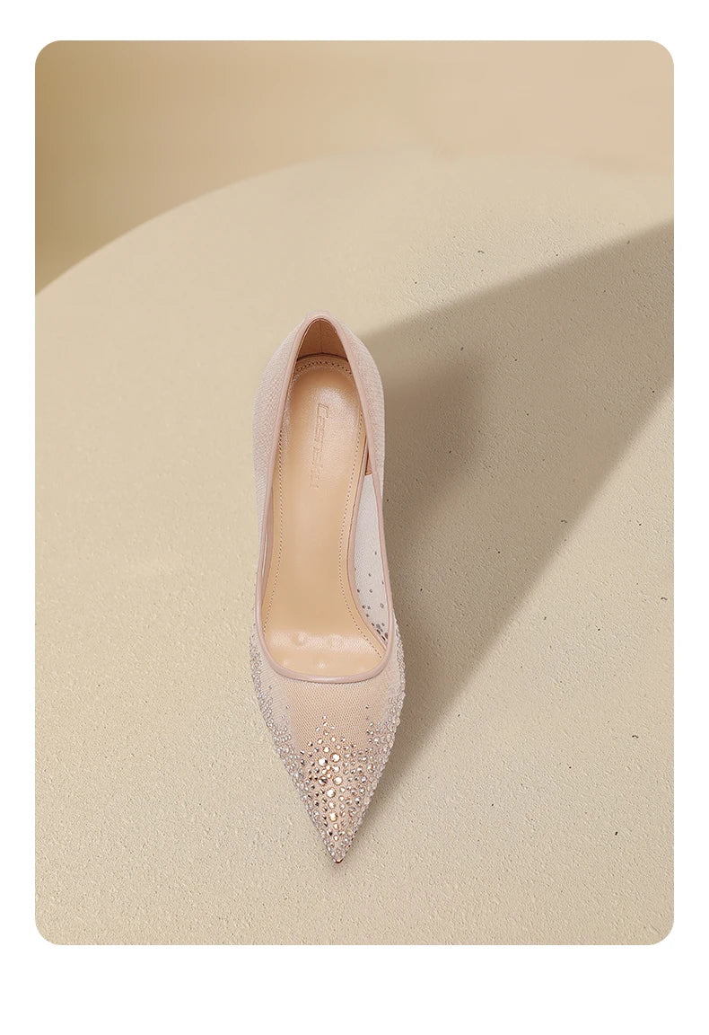New Baotou Sexy Sandals with One Buckle and Summer Mesh, Rhinestone High Heels for Women, Slim Heels, Shallow Mouth