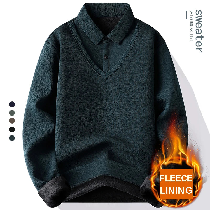 Men's Winter Sweater Fashion Polo Shirt Pullover Slim Fit Elegant Luxury Brand Knitwear Fake Two Pieces Knitted Fleece Sweaters