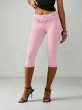 MISSGUIDED Women's Red Capri Leggings With Gold Hardware Detail Waistband Mid Rise Cropped Pants Spring Summer Fashion