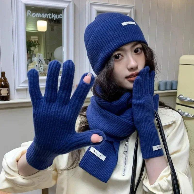 Solid Color Touch Screen Gloves Women Korean Autumn Winter Warm Knitted Three-piece Set Scarves Gloves Hat Women's Glove Sets