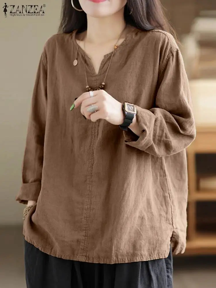 Vintage Women Blouse Autumn Long Sleeve Shirt Female V Neck Work Holiday Blusas ZANZEA Casual Solid Loose Shirt Cotton Chemise