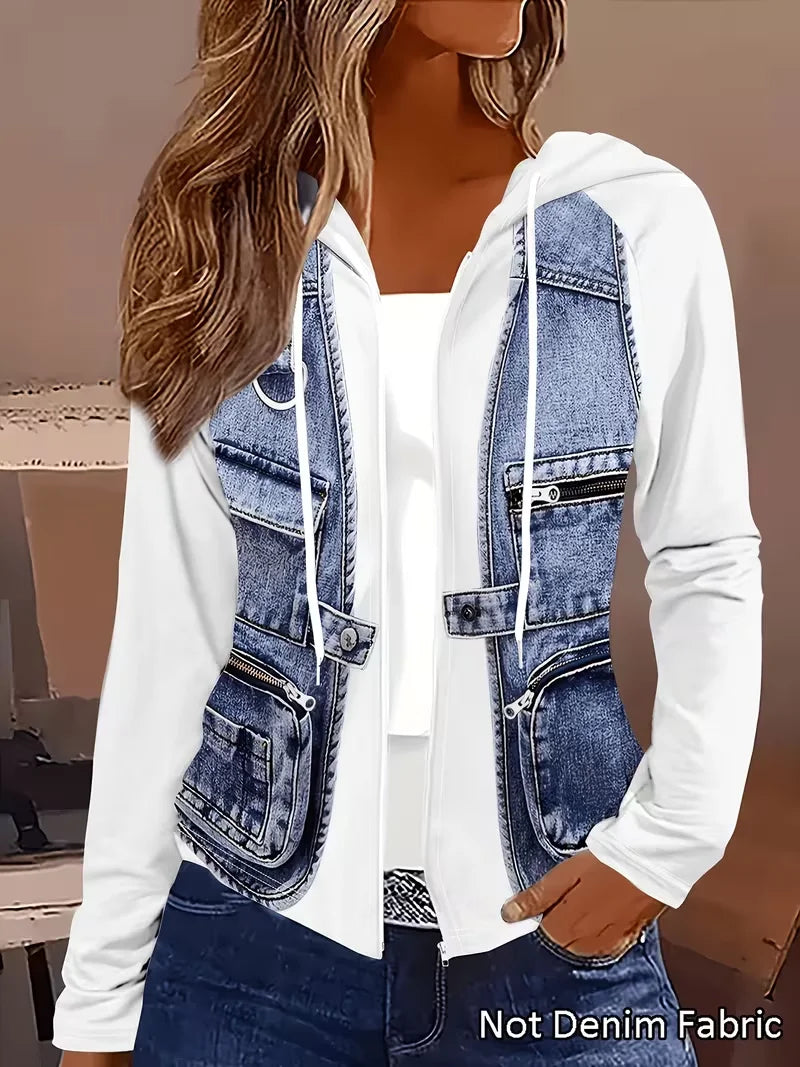 Plus size women's spring and autumn hooded faux denim patchwork jacket; chubby girl denim print fake pocket zipper style; casual versatile jacket