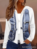 Plus size women's spring and autumn hooded faux denim patchwork jacket; chubby girl denim print fake pocket zipper style; casual versatile jacket
