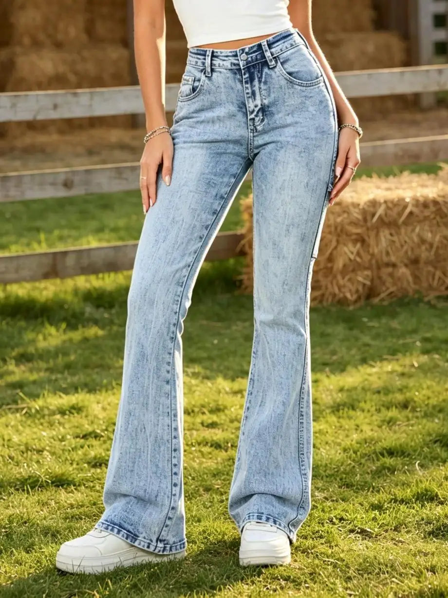 【HME】Jeans | Women Carpenter Pocket Design Denim Pants, High Waist Flare Bootcut Denim Jeans, Light Blue Snow Stone Wash, Tummy Control Butt-Lifting Optimize Waist-Hip Ratio, Flare Hem Lengthen Legs, American Retro Workwe