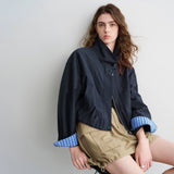TOYOUTH Women Slub Cotton Jackets 2026 Spring New Cropped Tulip Silhouette Striped Cuff - Turn Up Stand Collar Tops