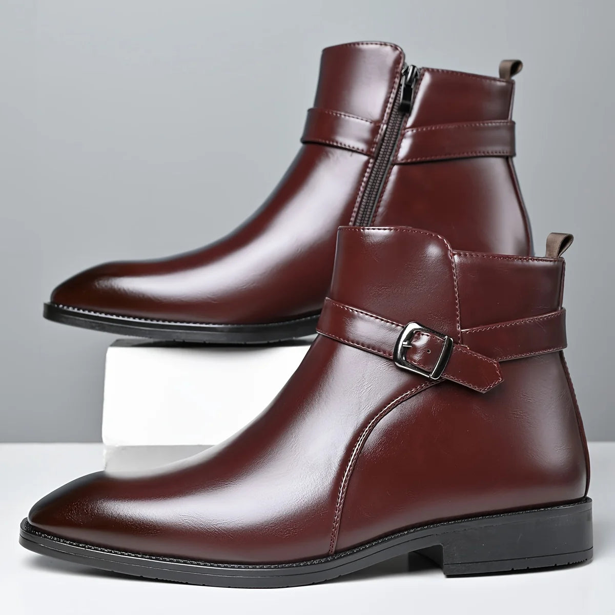 Mens Buckle Strap Ankle Boots Pointed Toe Leather Formal Chelsea Boots Man Business Dress Short Botas for Men High Top Footwear