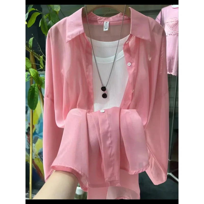 1pcs Woman Four Seasons Shirt Lady Thin Sunscreen Shirts Female Casual Long Sleeve Turn-down Collar Loose Med-Length Style Tops