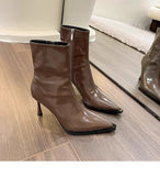 Ankle Boots Vintage Autumn New Fashion High Heels Women's Sexy Pointed Toe patent leather skinny boots Women Brown Short Booties