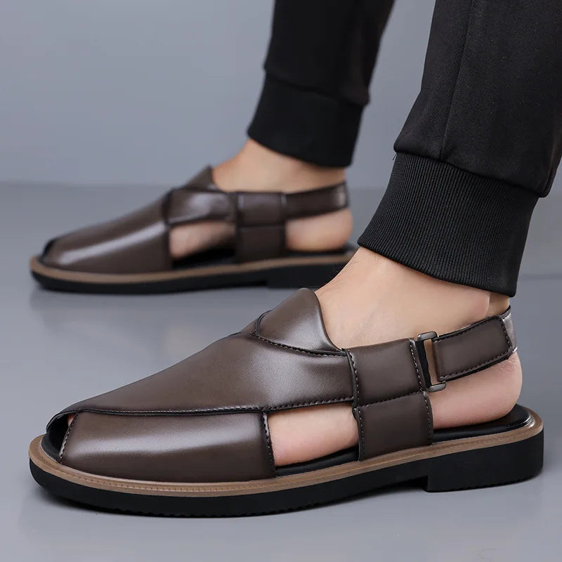 PU Leather Men's Sandals Handmade Stitching Beach Shoes Non Slip Hollow Out Shoes Outdoor Casual Sandaly All-match Man Sandalias