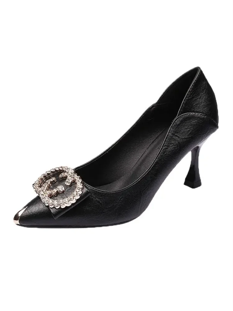 Women Cute Black Soft Leather Spring & Summer Slip on Stiletto Heel Shoes Lady Classic Office & Hotel Work Party Pumps A135