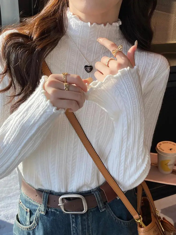 2026 Ruched Turtleneck Women Sweaters Autumn Winter Warm Pullover Slim Tops Knitted Sweater Jumper Soft Pull Female