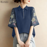 ZANZEA Summer 2026 Women's Elegant Blouses Turn-Down Collar Half-Zip Floral Print 3/4 Sleeves Patchwork Shirts Woman Clothes 3XL