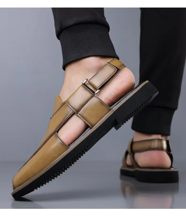 PU Leather Men's Sandals Handmade Stitching Beach Shoes Non Slip Hollow Out Shoes Outdoor Casual Sandaly All-match Man Sandalias