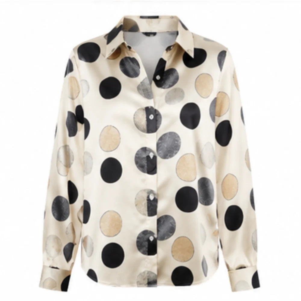 Women's Fashionable Trend Printed Silk Blouse with Long Sleeves and Loose Round Patterns, Suitable for Office Wear, Daily Commuting and Casual Spring-Autumn Occasions.