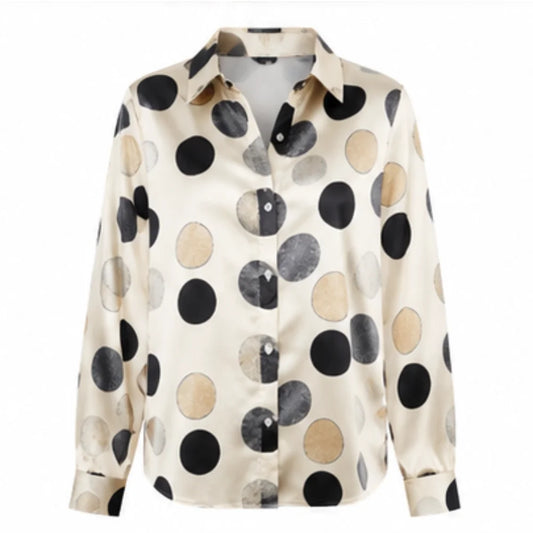 Women's Fashionable Trend Printed Silk Blouse with Long Sleeves and Loose Round Patterns, Suitable for Office Wear, Daily Commuting and Casual Spring-Autumn Occasions.