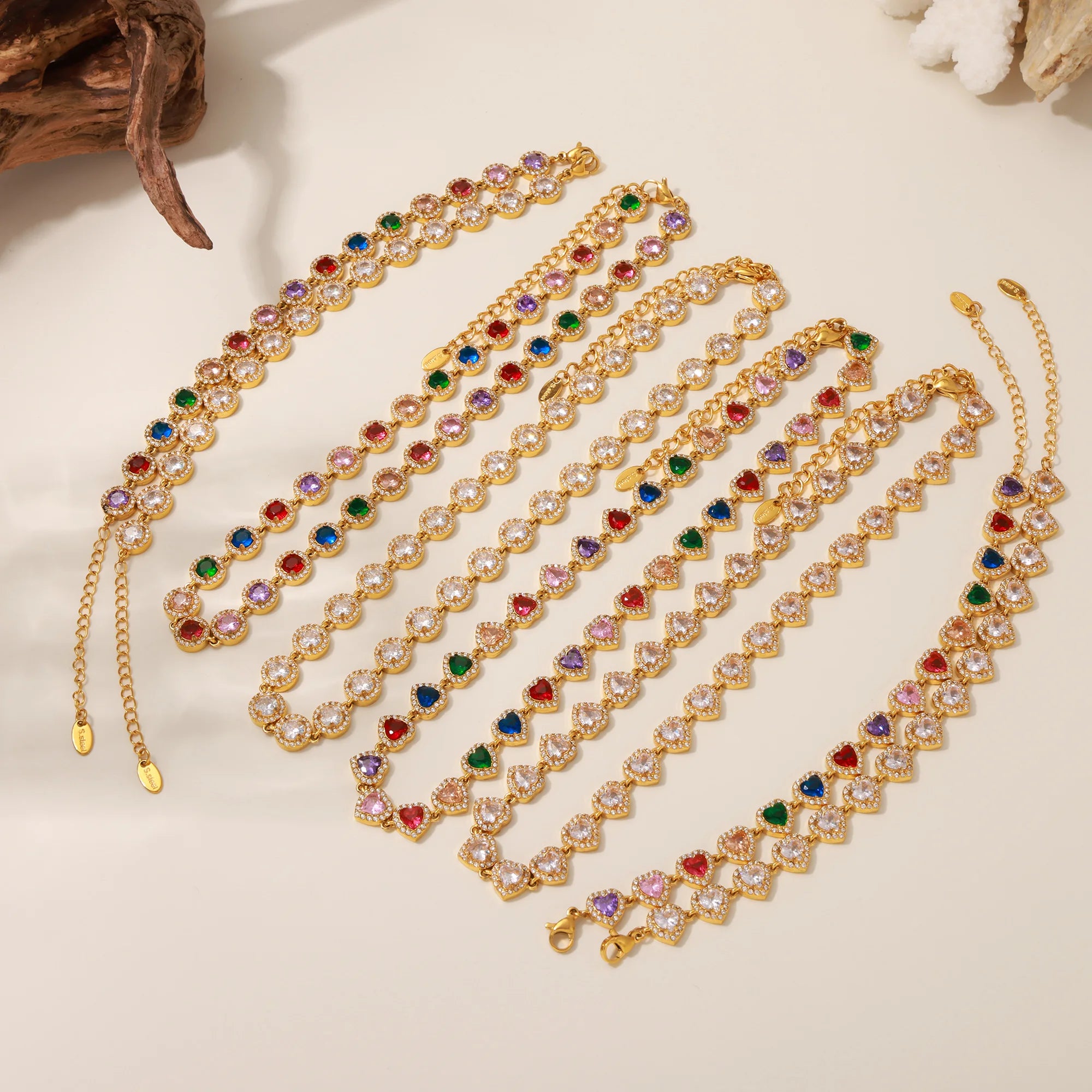 Colorful Zircon Necklace Heart Chain Bracelet Set Women's 316L Stainless Steel Gold-Plated Luxury Wedding Jewelry Accessories