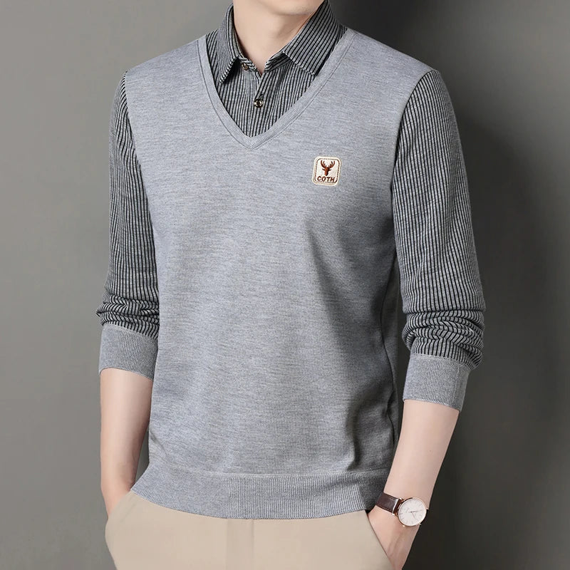 Men's Winter Sweater Fashion Polo Shirt Pullover Slim Fit Elegant Luxury Brand Knitwear Fake Two Pieces Knitted Fleece Sweaters