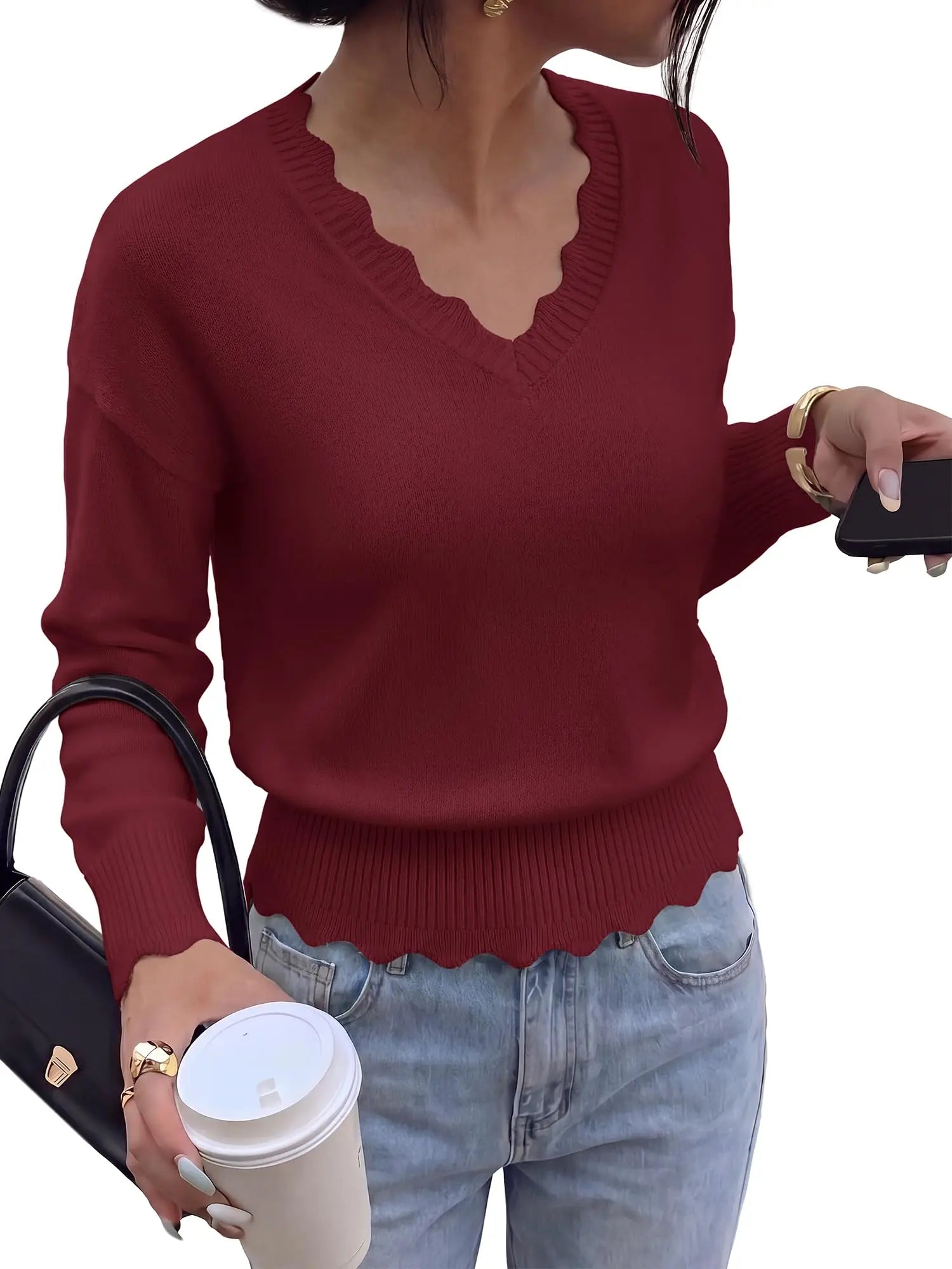 Lightweight Knit Sweaters Top For Women Daily Wear Scallop Edges V Neck Pullover Tops Autumn And Winter Long Sleeved