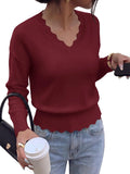 Lightweight Knit Sweaters Top For Women Daily Wear Scallop Edges V Neck Pullover Tops Autumn And Winter Long Sleeved