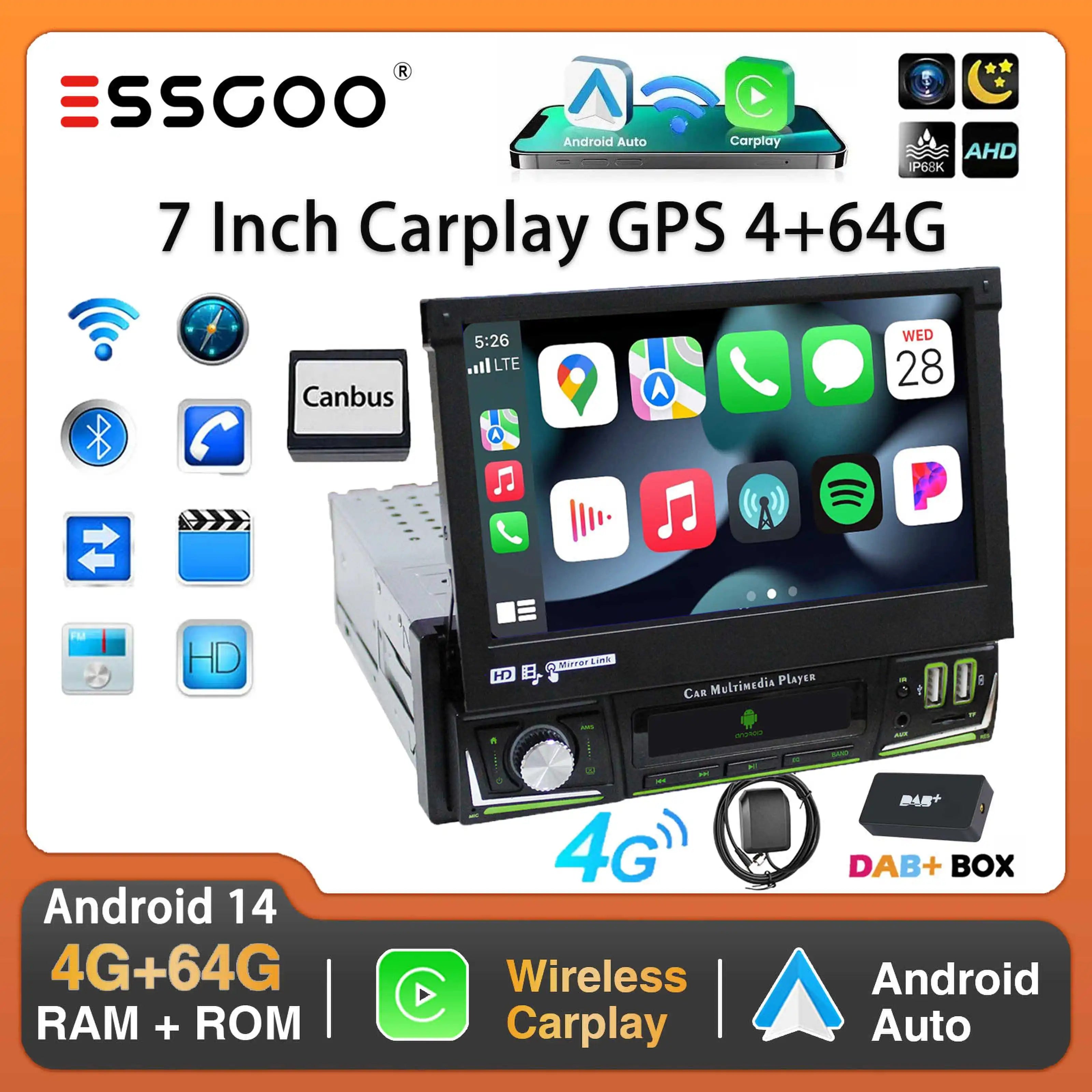 7Inch Single DIN 64G Flip Out Car Stereo Radio Carplay Android Auto Radio Bluetooth Touch Screen MP5 Player Head Unit GPS