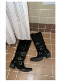 Woman Black Punk Knee High Platform Low Heel Trend Punk Gothic New Rock Leather Fashion Women Chunky Knight Motorcycle Footwear