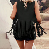 Women Vintage Sleeveless Faux Suede Fringe Vest Rivets Leather Western Boho Tassel Jacket Open Front Hippie Cardigan 2025