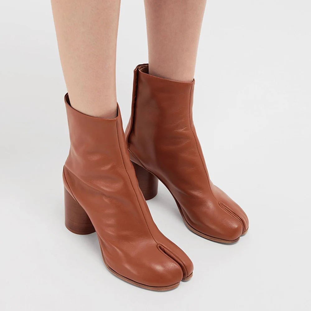 New Genuine Leather Tabi Ankle Boots Women Chunky Round Heels Shoes Woman High Heels Split Toe Tabi Boots Women Botas De Mujer