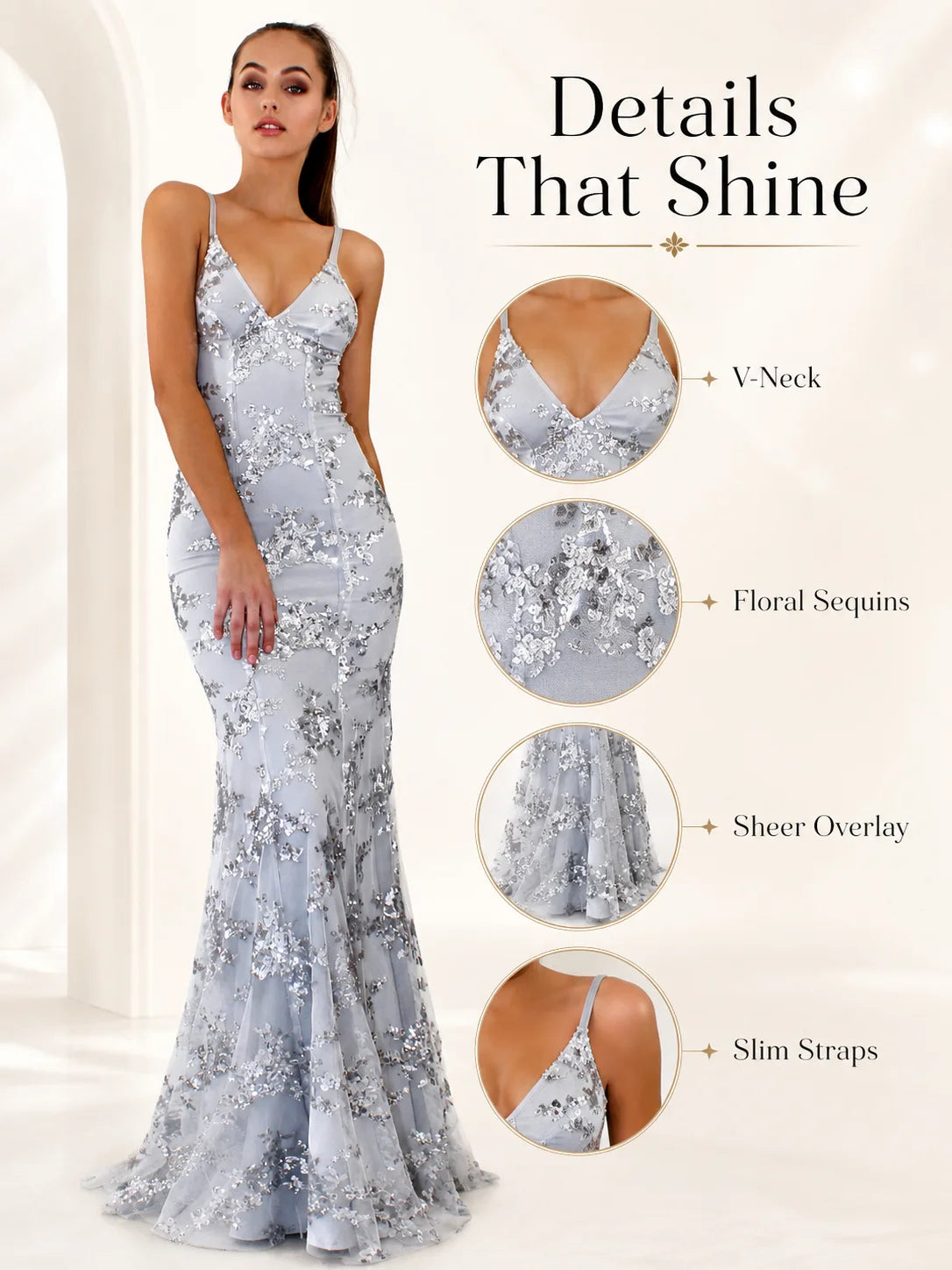 Sexy Sequin Floral Mermaid Evening Gown for Women Deep V Neck Spaghetti Strap Formal Prom Dress Floor Length Tulle Wedding Guest Party Ball Gown