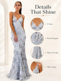 Sexy Sequin Floral Mermaid Evening Gown for Women Deep V Neck Spaghetti Strap Formal Prom Dress Floor Length Tulle Wedding Guest Party Ball Gown