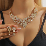 Luxury Pink Crystal Flower Jewelry Set Gold Plated Rhinestone Necklace & Earrings for Women Wedding Party Prom Accessories
