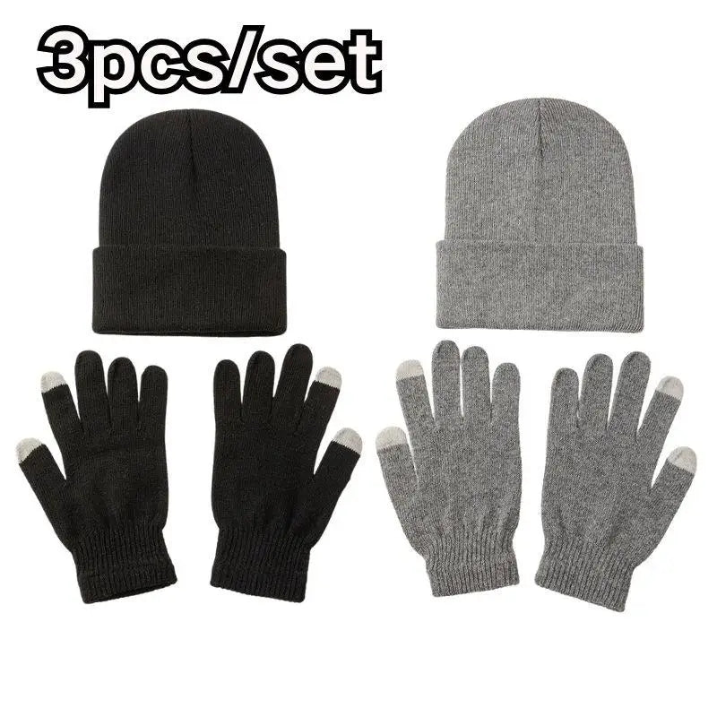 3pcs Sets Winter Warm Hat Gloves Set For Men And Women Outdoor Riding Hat Beanies Windproof Wool Knitting Pullover Cap+Gloves
