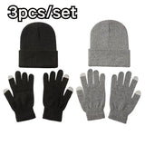 3pcs Sets Winter Warm Hat Gloves Set For Men And Women Outdoor Riding Hat Beanies Windproof Wool Knitting Pullover Cap+Gloves
