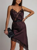Women Dark Brown Satin Lace Slip Dress Spaghetti Strap V-Neck Asymmetrical Hem Elegant Party Cocktail Evening Dresses