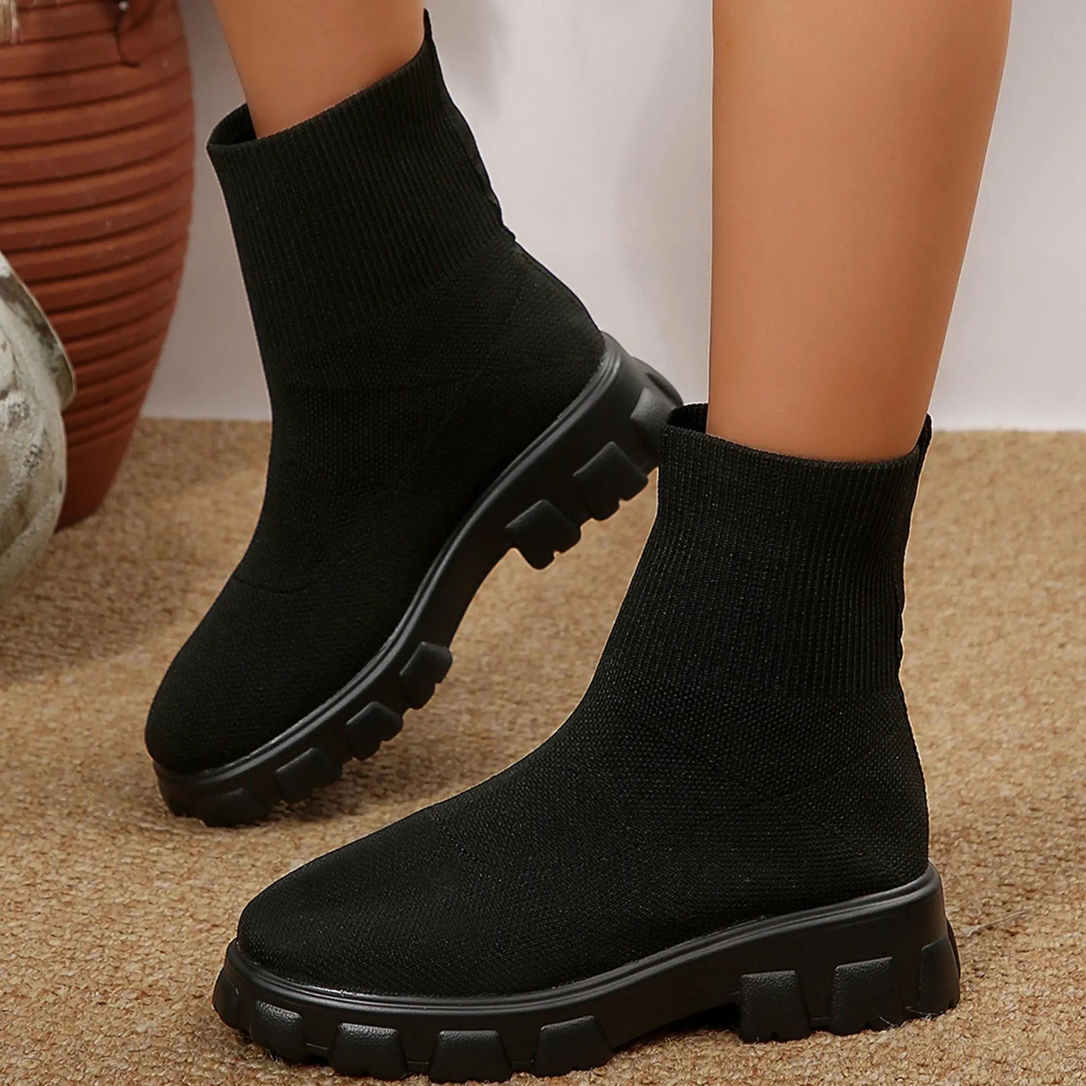 Ankle Boots for Women Comfortable Round Toe Slip On Stretch Soft Chunky Block Heel Knit Platform Boots Punk Dress Sock Boots