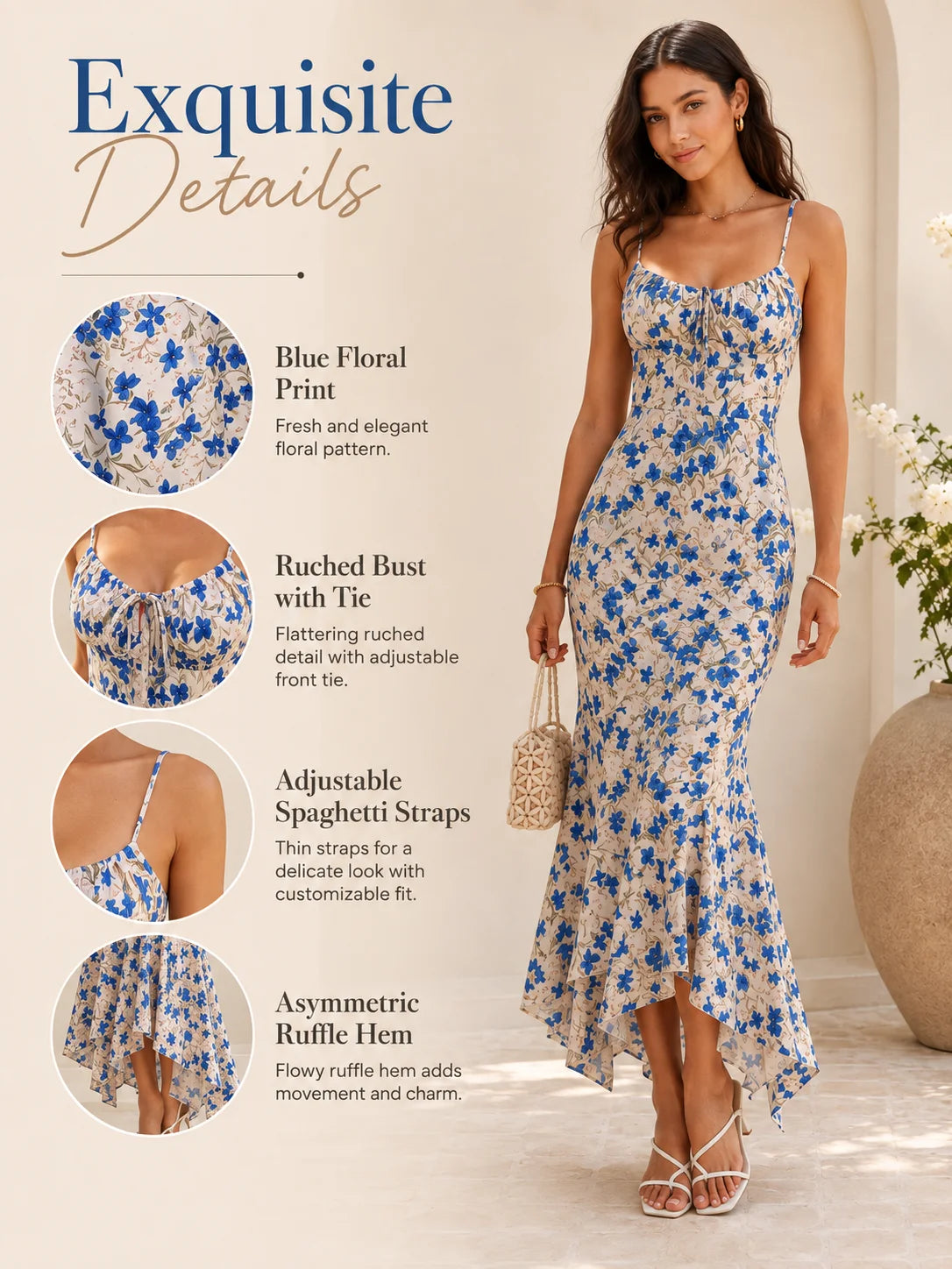 Floral Print Spaghetti Strap Maxi Dress for Women, V Neck Front Drawstring Bodycon Midi Long Dress, Slim Fit Split Hem Summer Beach Vacation Party Sundress