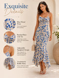 Floral Print Spaghetti Strap Maxi Dress for Women, V Neck Front Drawstring Bodycon Midi Long Dress, Slim Fit Split Hem Summer Beach Vacation Party Sundress