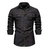 AIOPESON Brand New Mens 100% Cotton Denim Shirts Double Pocket Casual Cowboy Mens Shirts Long Sleeve Autumn Jeans Shirts for Men
