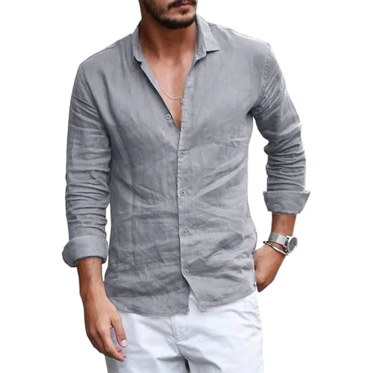 Summer Lightweight Breathable Men Shirt Long Sleeved Cotton and Linen Shirts Men Cardigan Tops Lapel Collar Men Beach Clothing