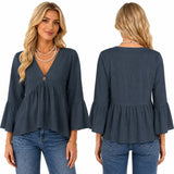 V Neck Bell Sleeve Blouses for Women Loose Fit Babydoll Tunic Tops Single Button Pleated Flowy Shirts Casual Daily Office Going‑Out Tunic