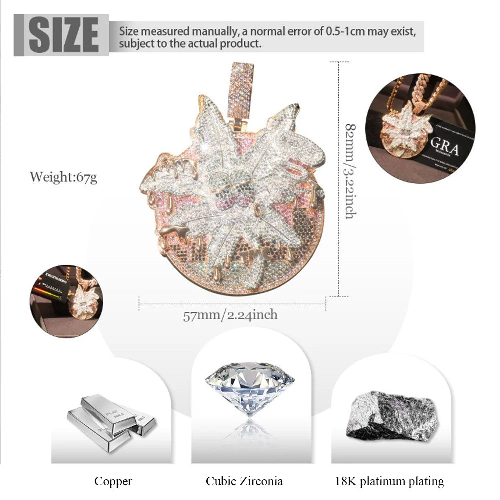 Iced Out Rose Pink Drip Pendant 18K Gold Electroplated Cubic Zirconia Hip Hop Round Medallion Necklace Cuban Chain Charm Colorful Stone Inlay Dripping Gold Street Rapper Fine Jewelry Accessory For Men Party Club Daily Sparkli