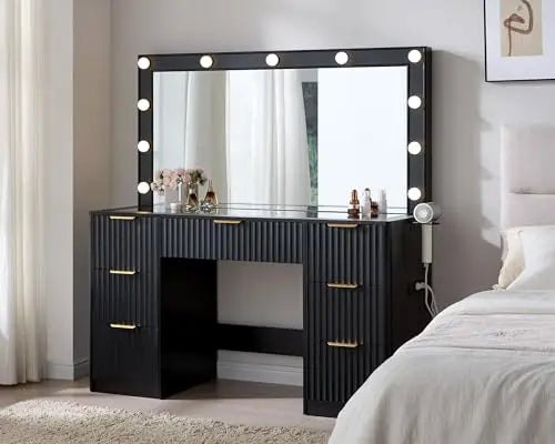 47.2" Fluted Vanity Desk with Large Mirror and Lights, Black | 7 Drawers Large Black Makeup Vanity Table with Glass Top