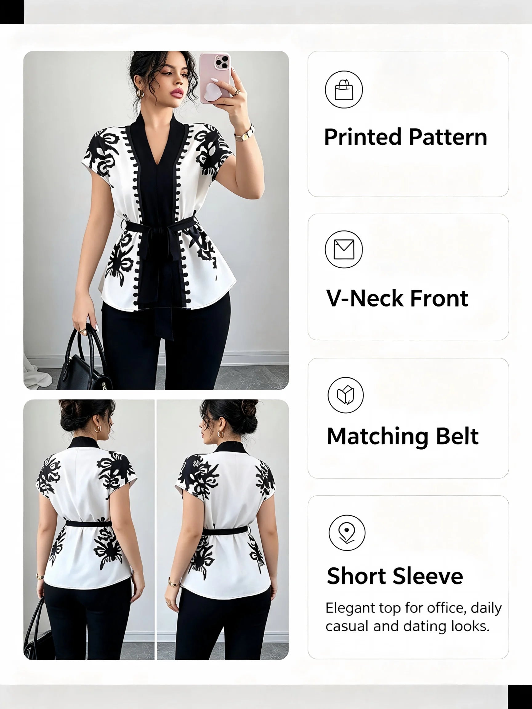 Elegant Summer Commute Floral Print Waist-Cinching Short Sleeve Top for Women Business Casual Shirt