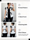 Elegant Summer Commute Floral Print Waist-Cinching Short Sleeve Top for Women Business Casual Shirt