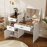 Luxury Makeup Vanity Desk with 3-Color LED Mirror and Stool, Adjustable Length Vanity Table with Movable Side Cabinet